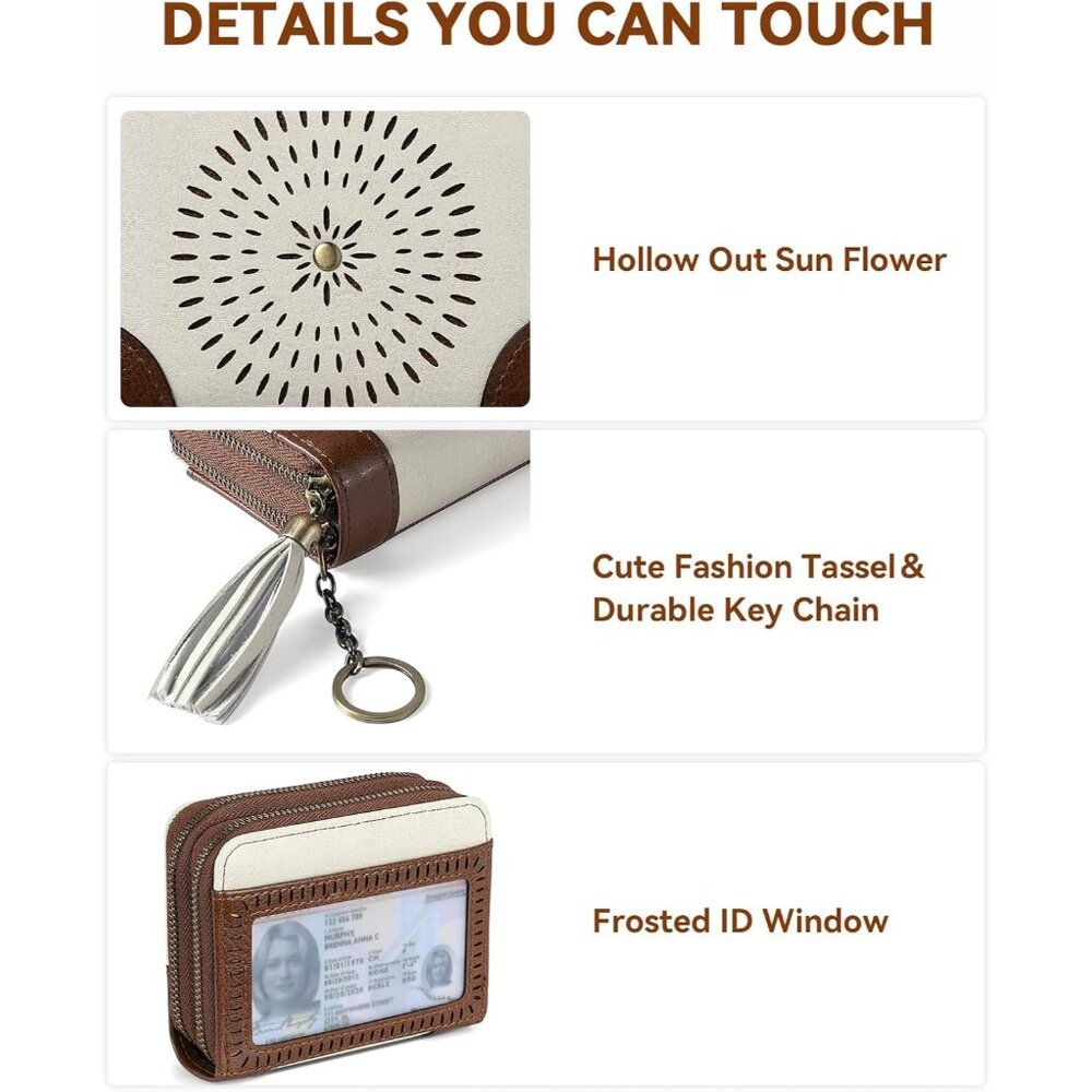 New RFID Double Zipper Credit Card Holder Wallet for Women - Beige/Brown - Picture 5 of 9